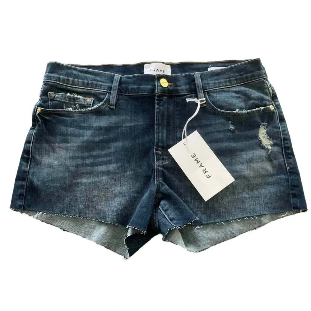 FRAME Le Cut Off Shorts Azure Blue Distressed Raw Hem Denim Women’s Size 29 NWT